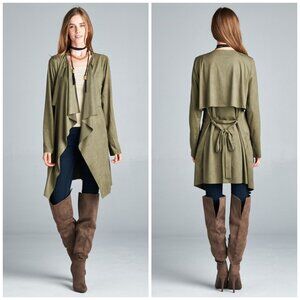 Army Green Vegan Suede Waterfall Trench Coat w/ Tie - SUPER SOFT!